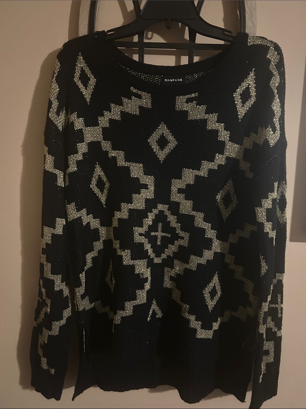 Rampage Black Sweater with Silver Geometric Jacquard